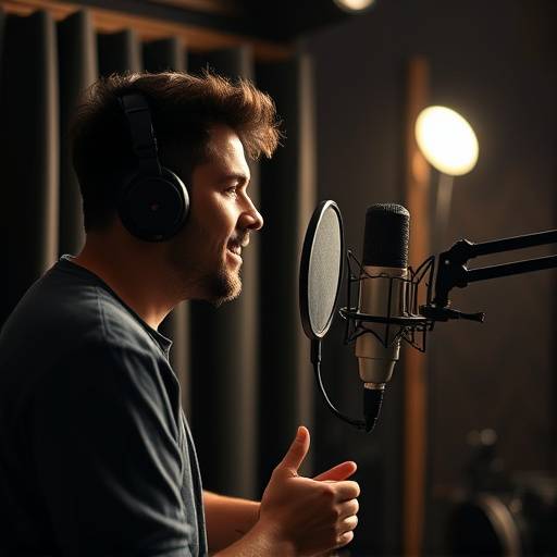 Artist recording vocals in booth at HarmonyHub Studio